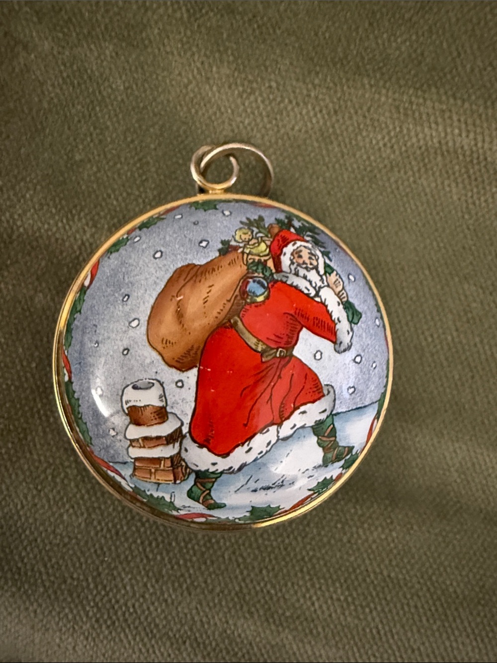 Halcyon Days Santa Claus Round Holiday Pendant or Ornament in Red and Gold